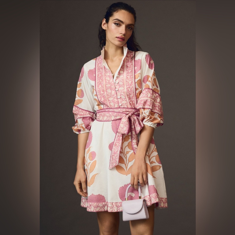 Anthropologie Pink and Cream Floral Mini Dress